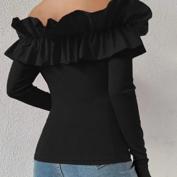 Black Preppy Womens off shoulder blouse top - Picture 2 of 5